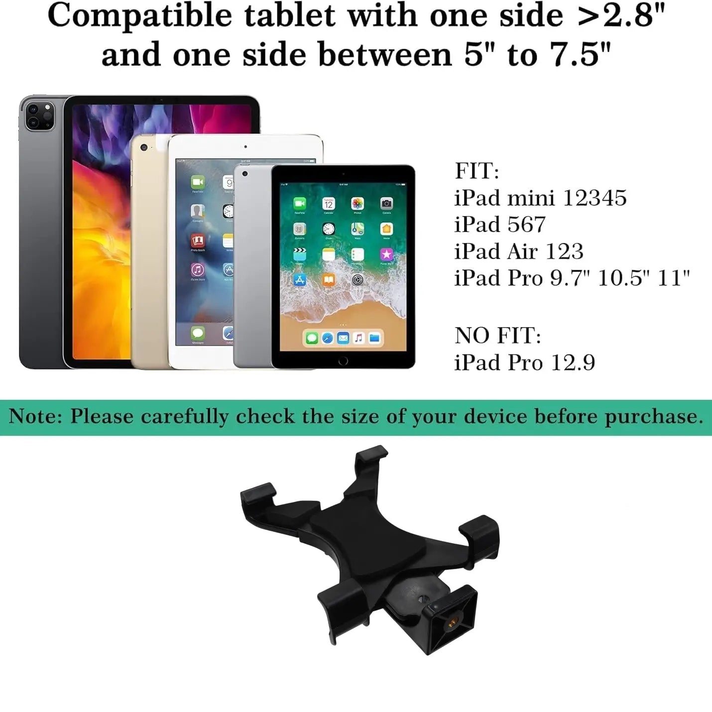 Support universel pour tablette en plastique noir avec bras réglables et pince centrale conçu pour iPad Air, Air2 et les tablettes Galaxy.