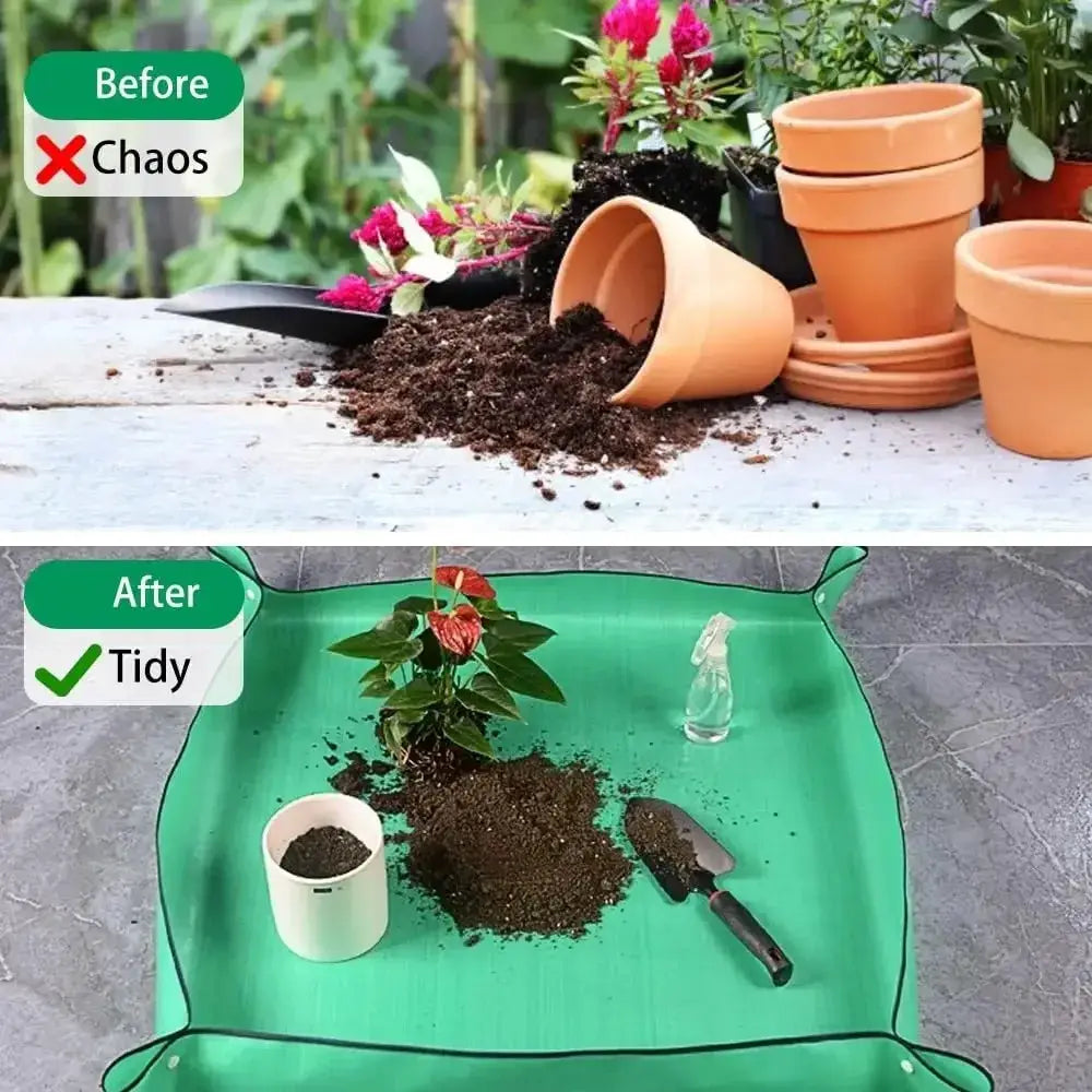 Alfombrilla verde de jardín con ribetes negros junto con un set de herramientas de jardinería en miniatura con mango de madera de 3 piezas, para la plantación al aire libre y trabajos de tierra