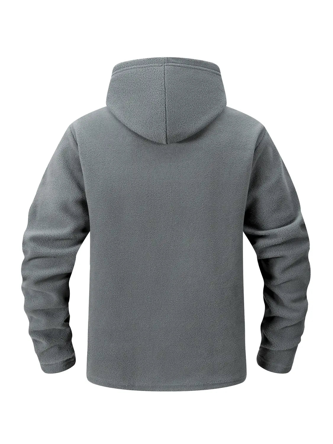 chaqueta polar táctica para hombre con cremallera completa y capucha, en polar gris, con tejido suave de textura marcada y puños acanalados.