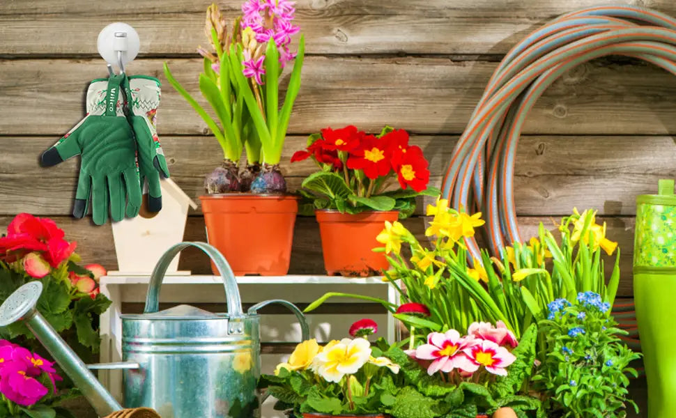 A vibrant collection of potted pink hyacinths and red primroses in orange pots accompanies floral touchscreen gardening gloves for women designed for comfortable and precise garden work.