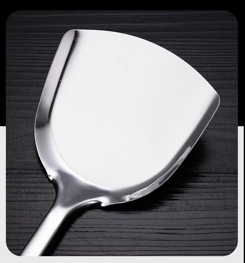 Shiny stainless steel kitchen spatula with a sleek curved blade and smooth handle from the stainless steel kitchen utensil set 9-piece cooking tools.