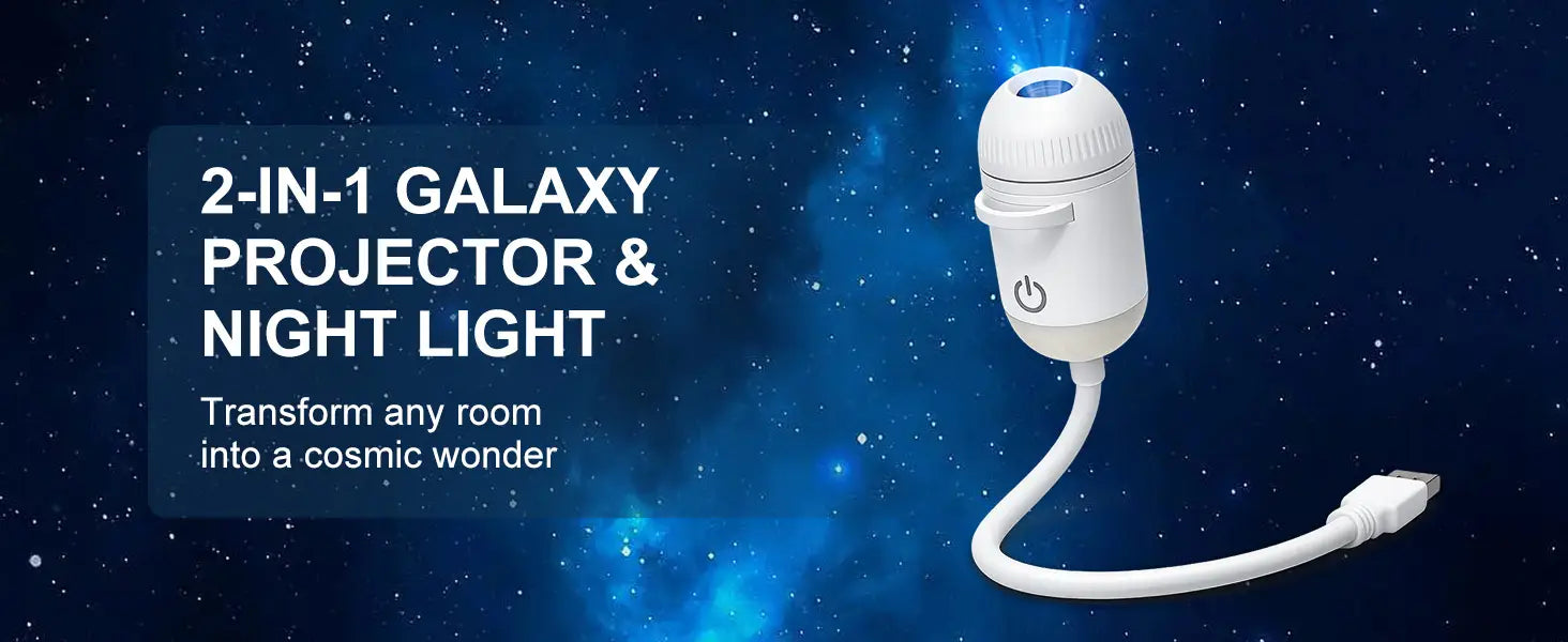 Projecteur USB de galaxie blanc cylindrique 2-en-1 avec lampe de nuit, cordon flexible et connecteur USB, pour un éclairage d’ambiance polyvalent