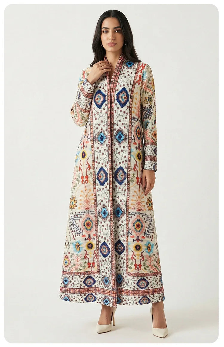 Middle Eastern Abaya robe geometric print dress, foreign trade cross-border retro striped bohemian pleated cardigan long skirt