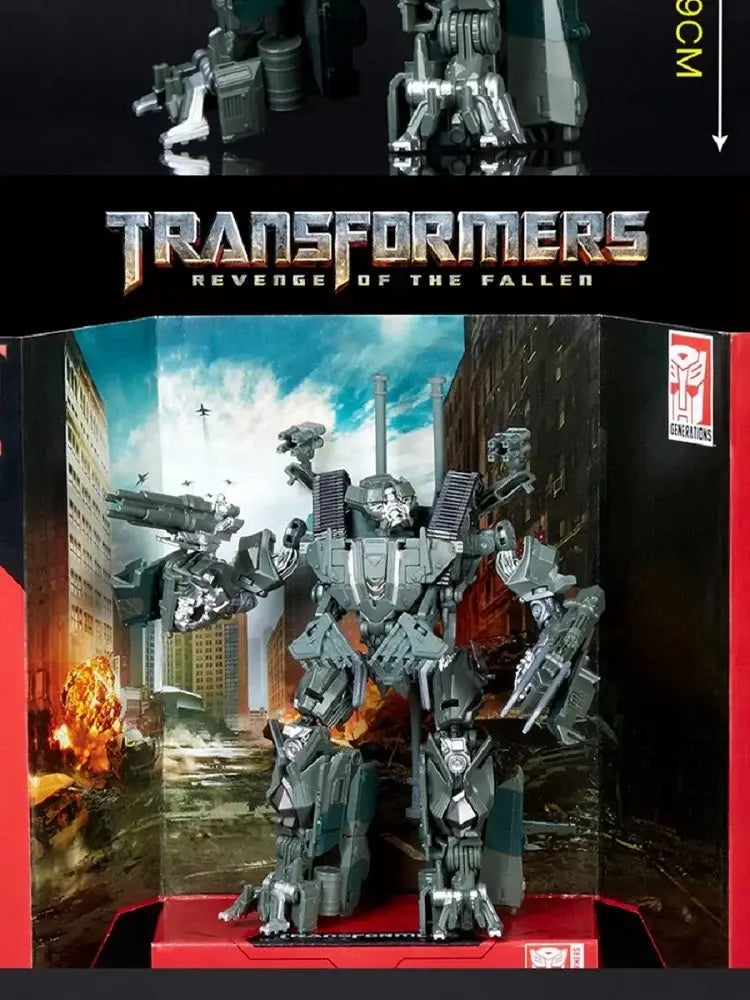 Figurina de acción de robot metálico gris de productos terminados Transformers de la serie Studio Series de Transformers: La venganza de los caídos, con armaduras y armamento detallados.