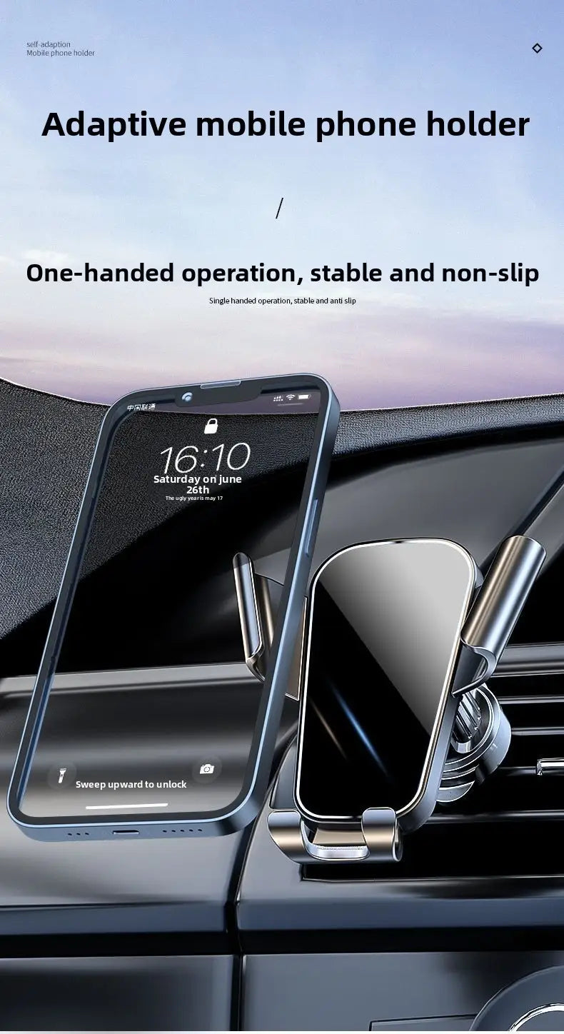 silver metallic gravity car phone holder air vent mount with a sleek minimalist design and adaptive one-handed operation for mobile devices