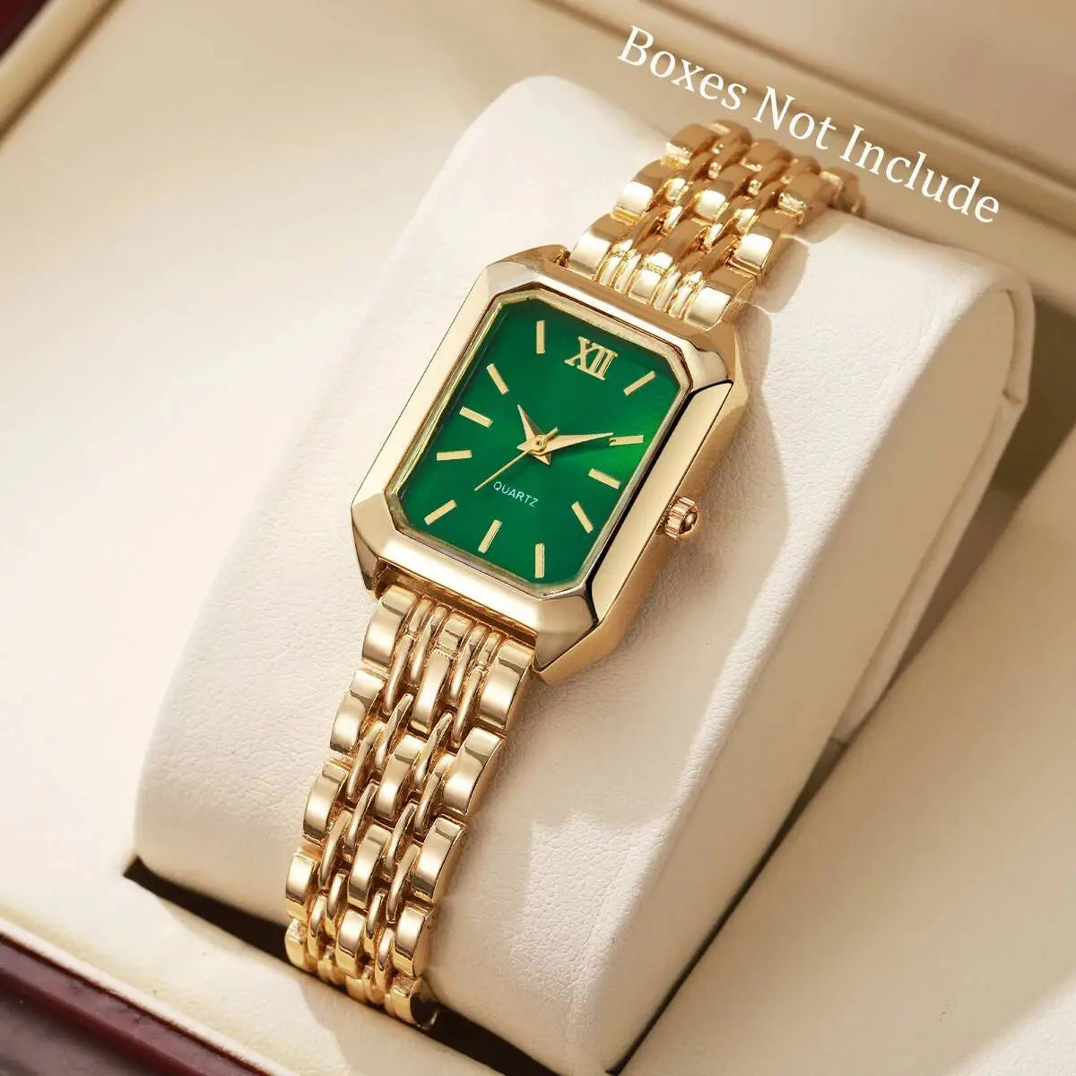 Women gold rectangular quartz watch with a vibrant green face, roman numeral hour markers, and an elegant gold-toned mesh bracelet design.