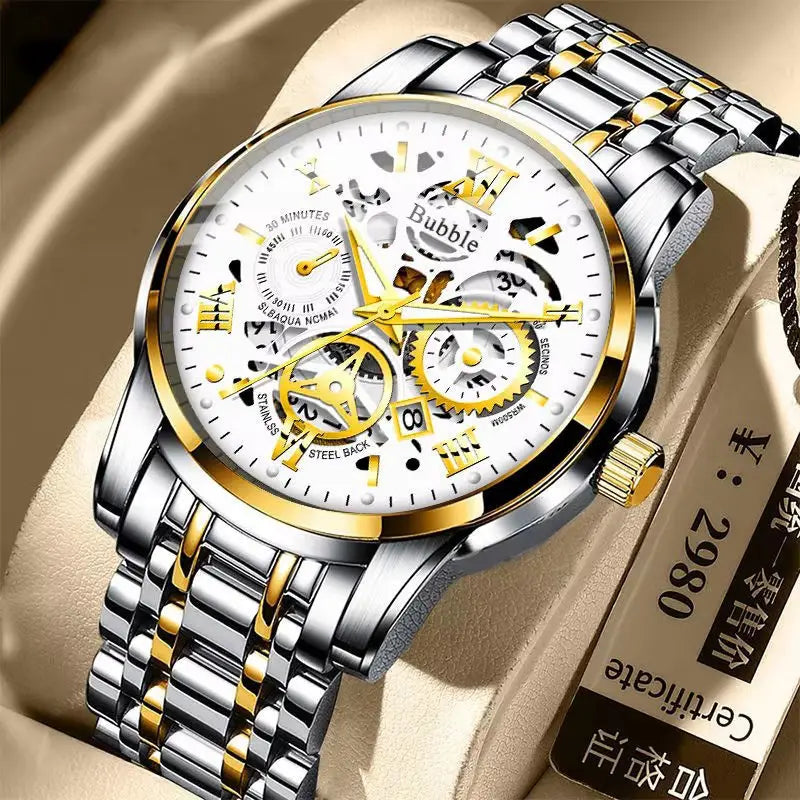 Silver and gold two-tone uthai men quartz skeleton watch with a white dial, exposed gears, and roman numeral hour markers in steel material model V009.