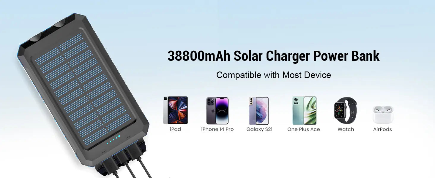 Schwarze rechteckige Solar-Powerbank 50000 mAh tragbares Ladegerät mit einem Raster aus Photovoltaikzellen auf der oberen Oberfläche und mehreren Ausgangsanschlüssen an der Unterseite.