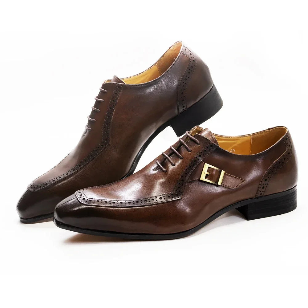 Men's Dress Shoes Size 39-46 Genuine Leather Pointed Toe Lace-Up Oxford Brogue Buckle Business Wedding Company Shoes