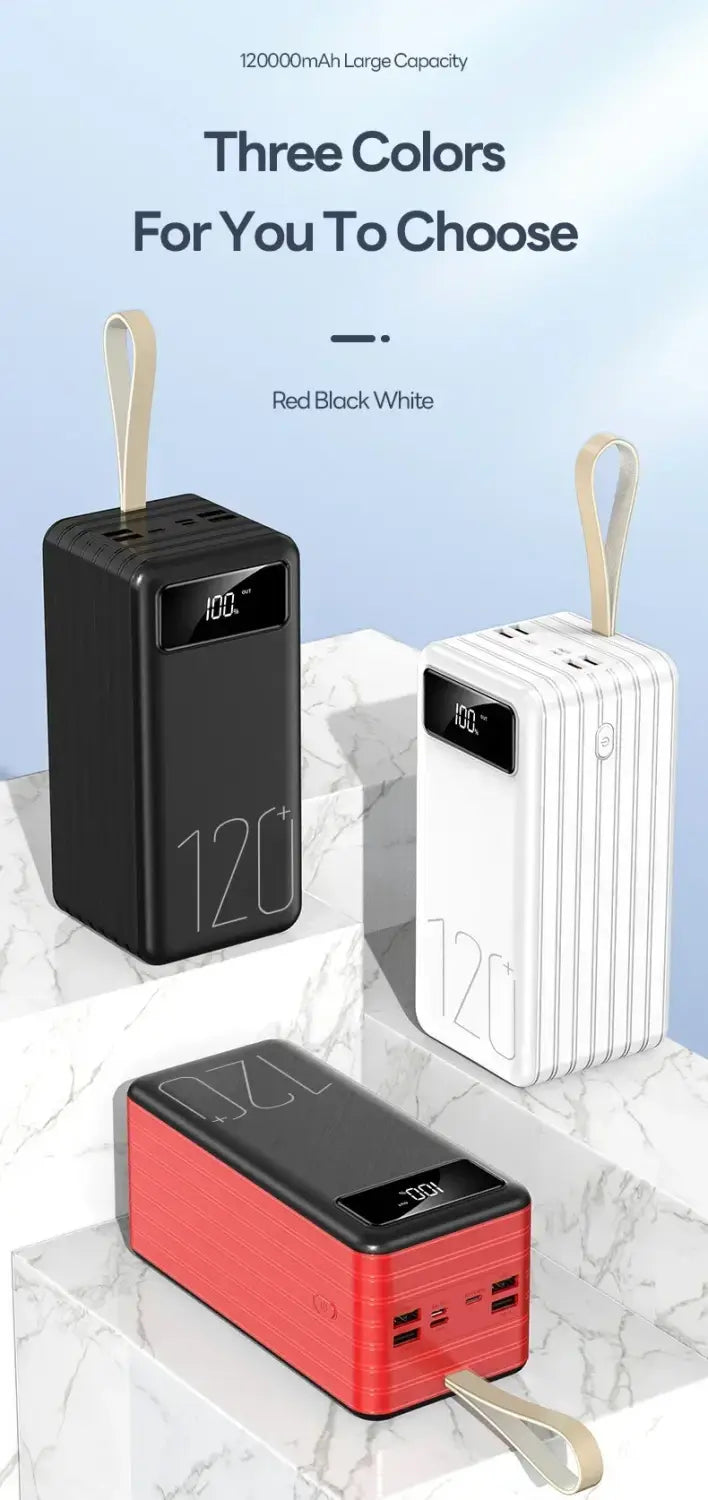 red black and white portable power banks with a sleek rectangular design multiple usb ports a digital display showing 100 percent and a looped carrying strap featuring 120000mah capacity and 66w fast charging capabilities.
