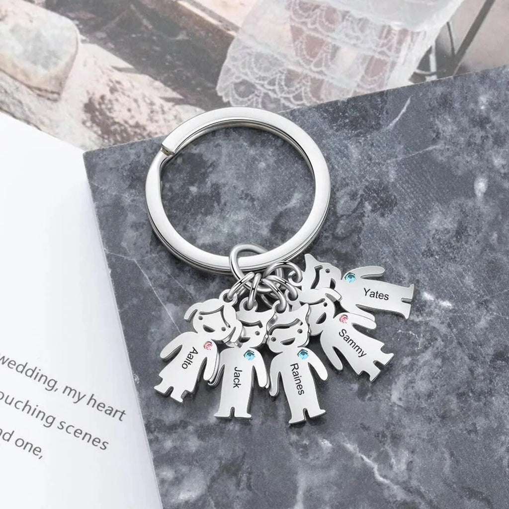 Stainless Steel Personalized Kids Charm Key Chain Custom 1-5 Names Key Chain Key Ring Gifts for Mother Daddy Father’s Day Gift
