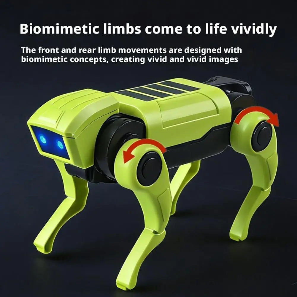 Vibrant lime green robotic dog toy with black accents and glowing blue eyes designed as a diy walking mechanical dog pet.