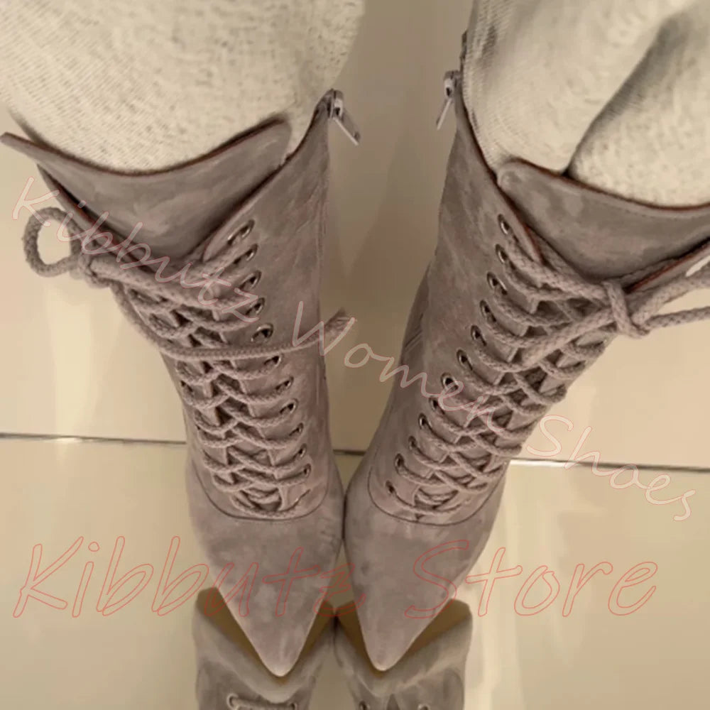 Suede Leather Ankle Boots Pointed Toe Stiletto Front Lace Up Side Zipper Solid Color Women Footwear Fashion Elegant Luxury New