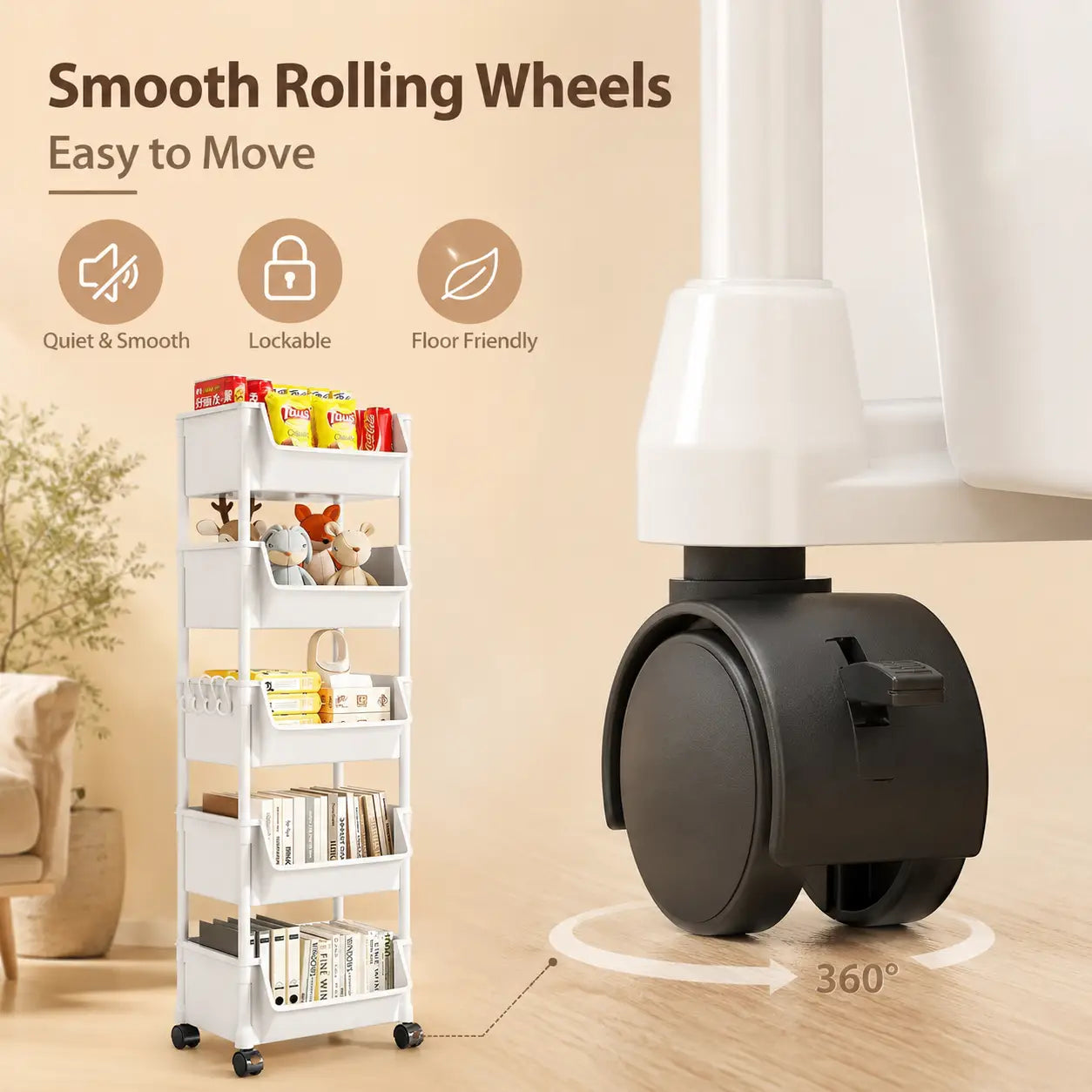 chariot de rangement roulant multi-niveaux en plastique blanc avec des roues noires à roulement fluide pour une organisation et une mobilité faciles