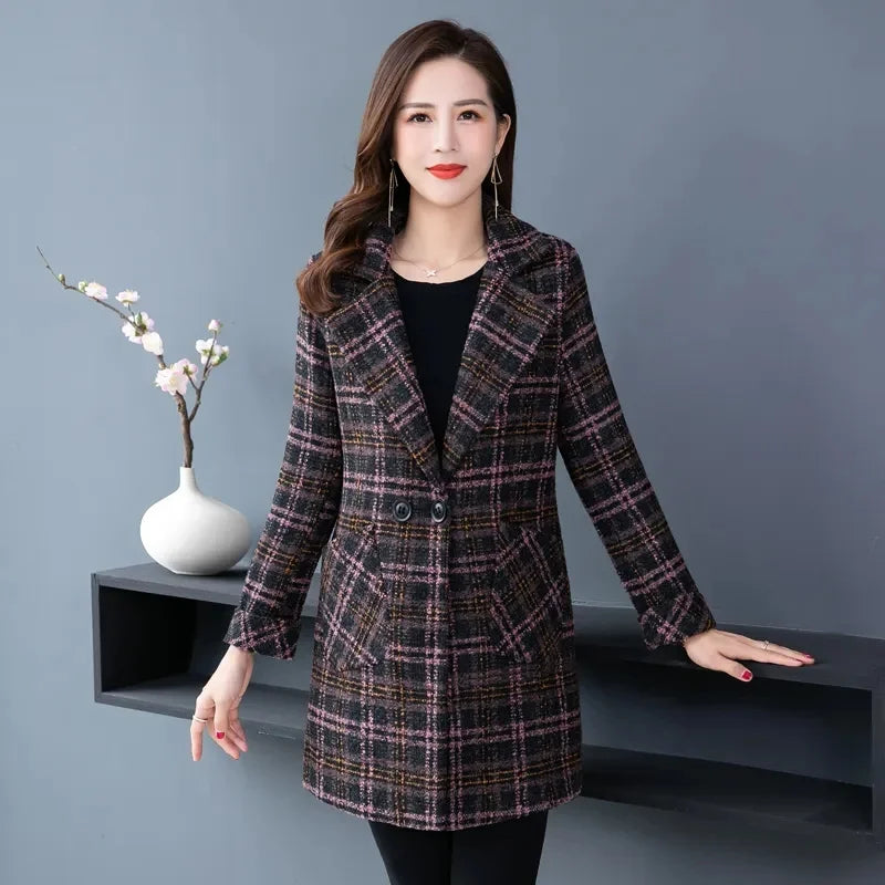 Women Woolen Coat Autumn Winter Thicke Plaid Wool Blended Jacket Large Size Mother Clothes Female Long-Sleeved Outwear
