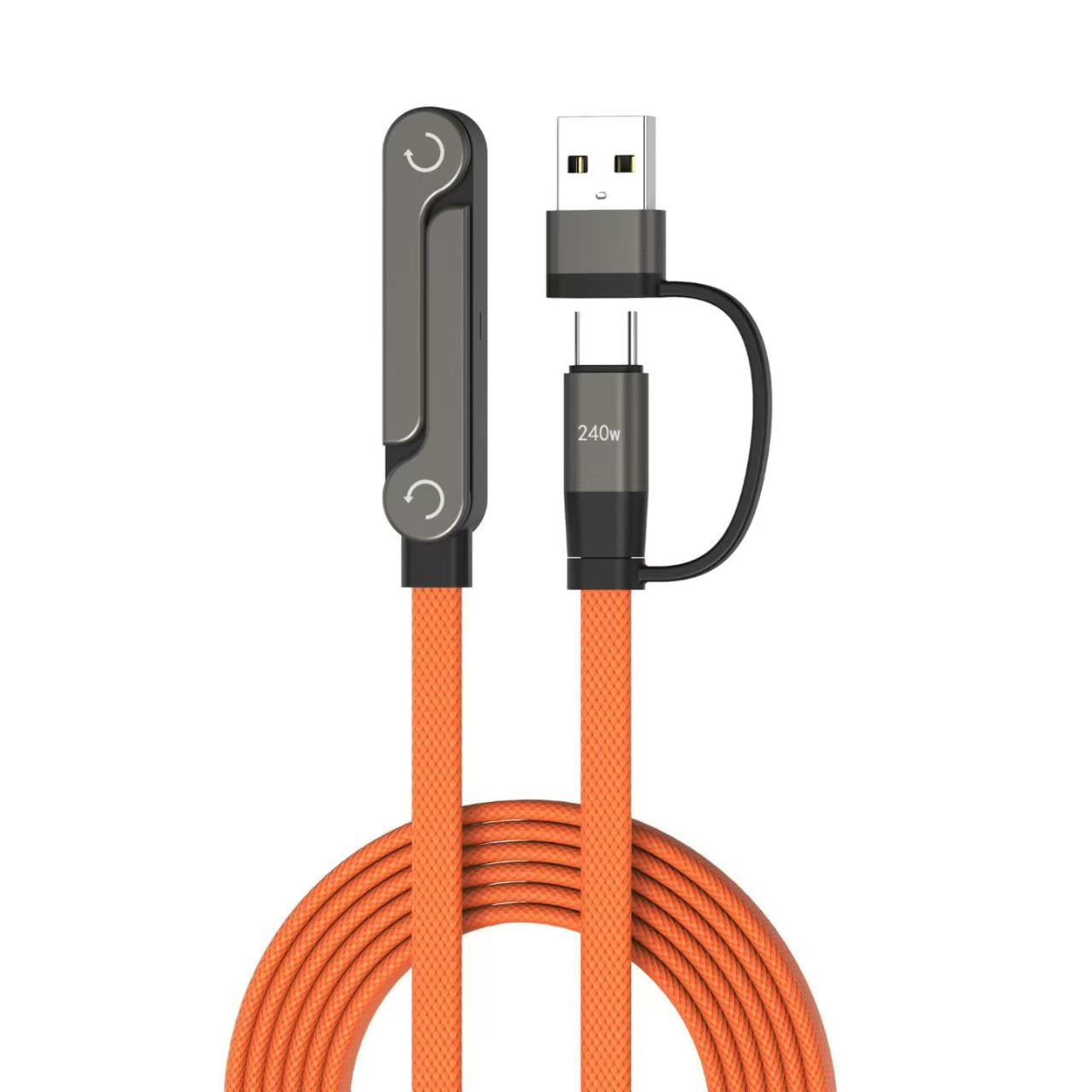 Un câble de charge rapide tressé orange avec connecteurs USB-C vers USB-A et une pince magnétique intégrée, présenté sous un angle latéral pour la charge et l’utilisation avec support de téléphone.