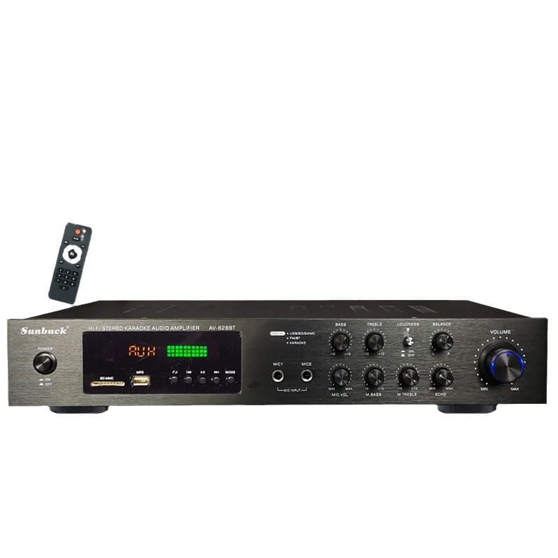 Black sunbuck av-628bt wi-fi integrated karaoke audio amplifier featuring a digital display and multiple control knobs for high power 5.1 channel Bluetooth stereo audio amplification.