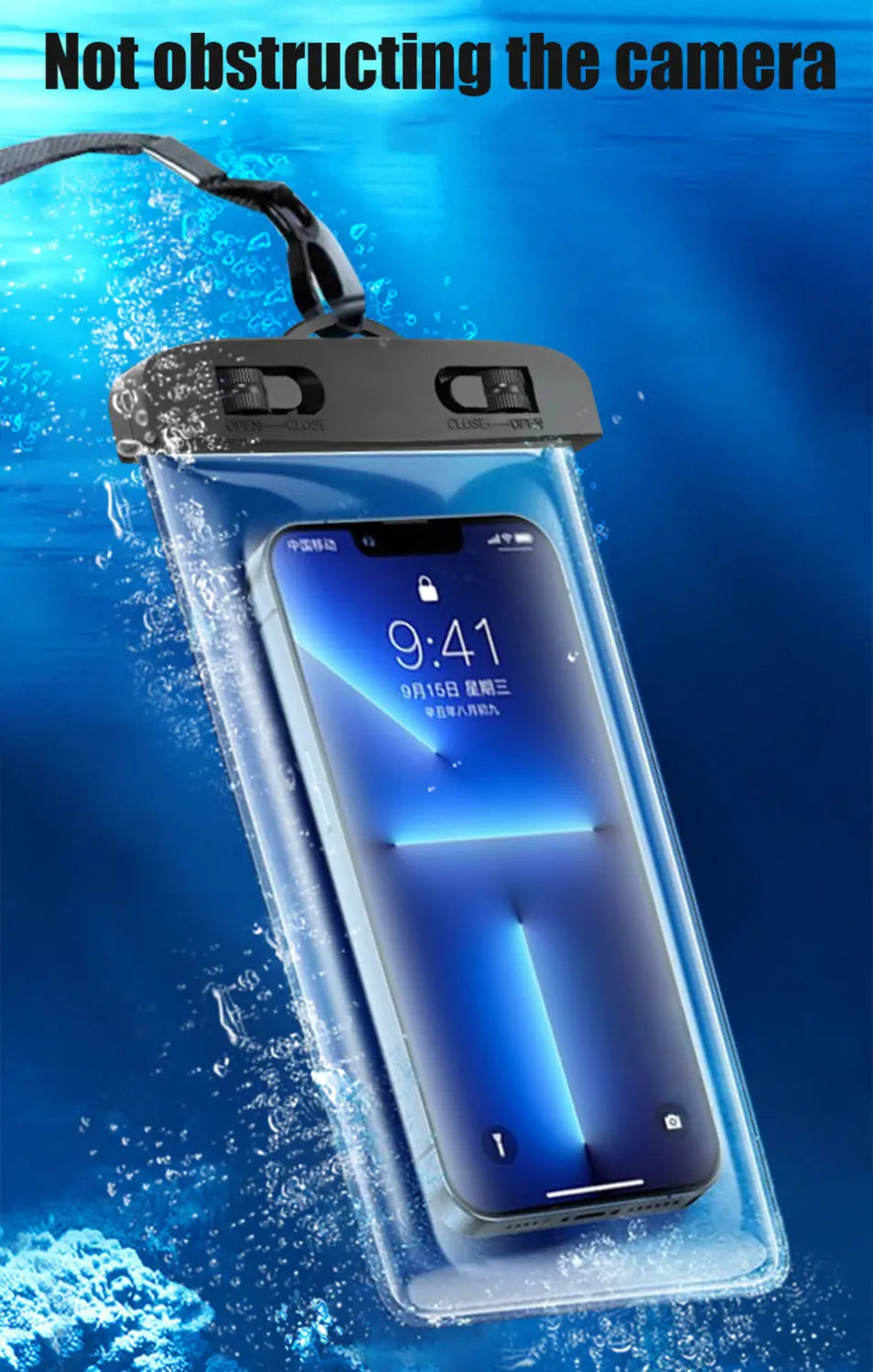 Transparente wasserdichte Handyhülle mit schwarzer Oberklappe und doppeltem Reißverschluss, entwickelt zum Schutz eines Smartphones unter Wasser in einer universellen Unterwasserhülle.