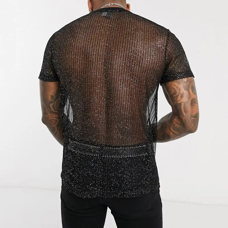Mesh T-shirts Men Sexy Tops O Neck See-through Pullovers Shiny Short Sleeves T-shirts Men Undershirt Chic Breathable Streetwear