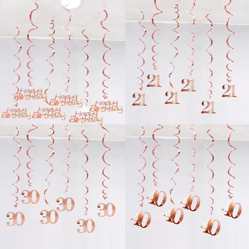 6Pcs/lot Happy Birthday Swirls Decoration 16 20 21 30 40 50 60 70 Years Rose Gold PVC Birthday Party Decorations Supplies
