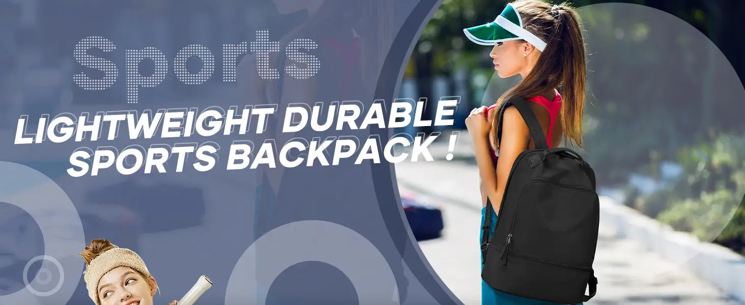 Black nylon fitness travel backpack with lightweight design, adjustable shoulder straps, and a front zippered pocket featuring a shoe compartment.