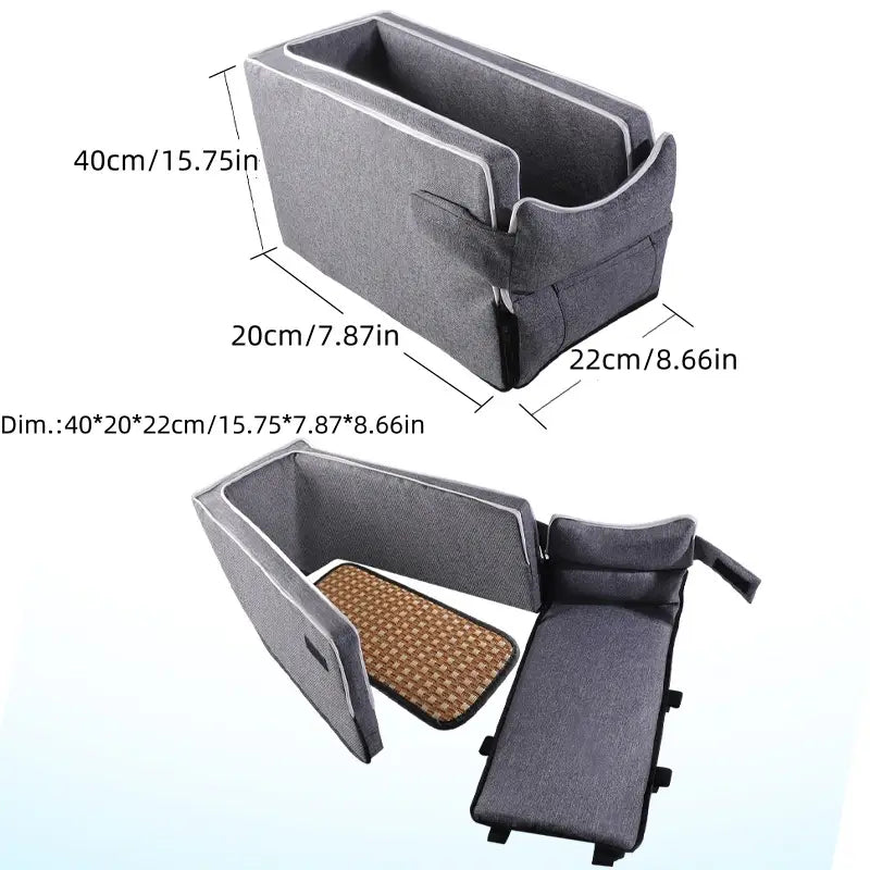gray fabric foldable pet car console seat organizer with attached woven mat designed for small pets up to 5kg weight limit