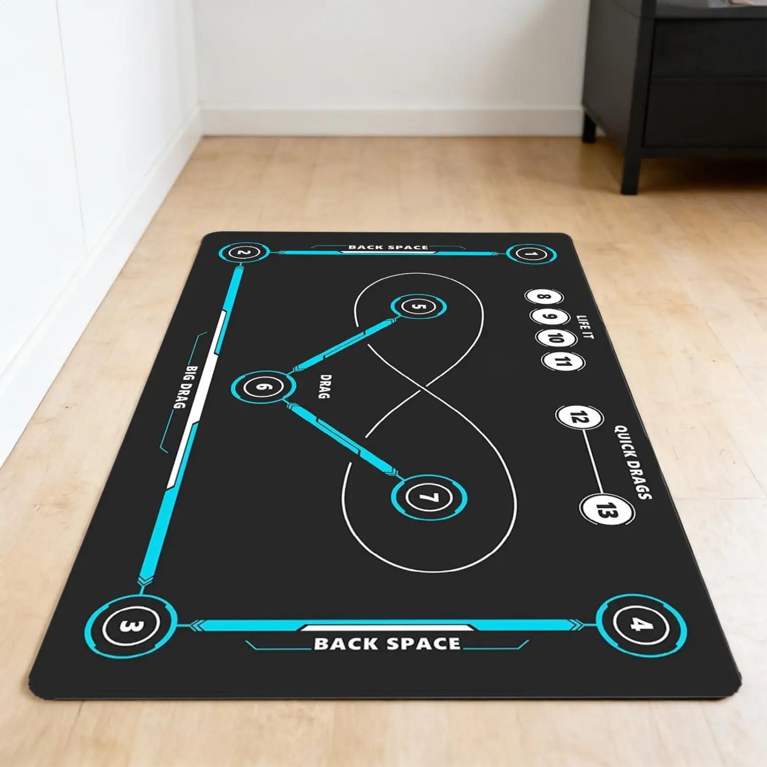 Schwarze Hockey-Trainingsmatte, rutschfestes Pad zum Stockführen, mit türkis- und weißfarbenem futuristischem Design, nummerierten Zonen und Richtungsetiketten für eine virtuelle Spieloberfläche