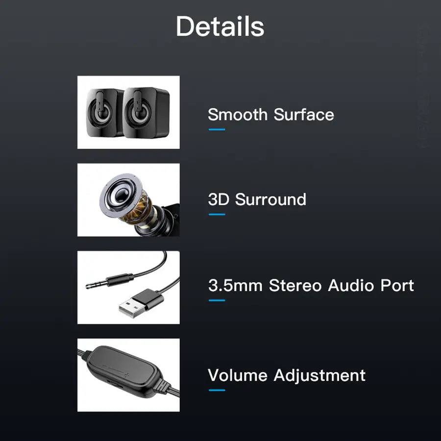 Black usb computer speakers stereo desktop mini sound system with smooth surface and 3d surround sound capability.