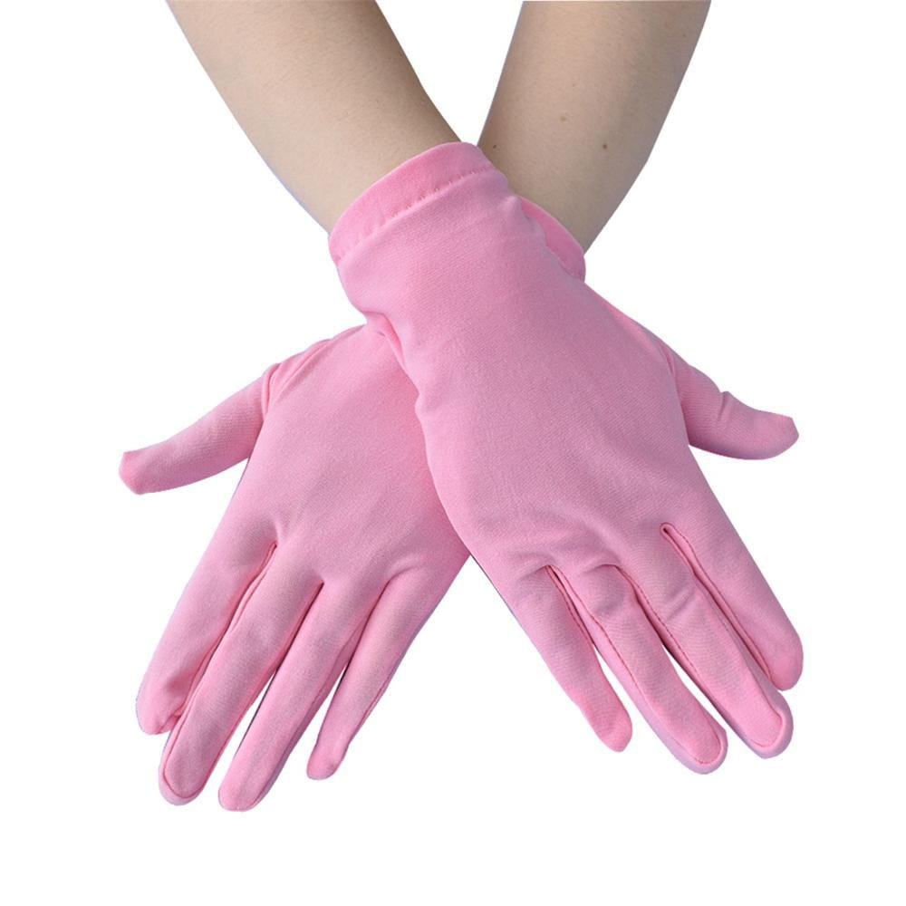 Zarte rosafarbene einfarbige Handschuhe aus Milchseide mit glattem, elegantem Satin-Finish.
