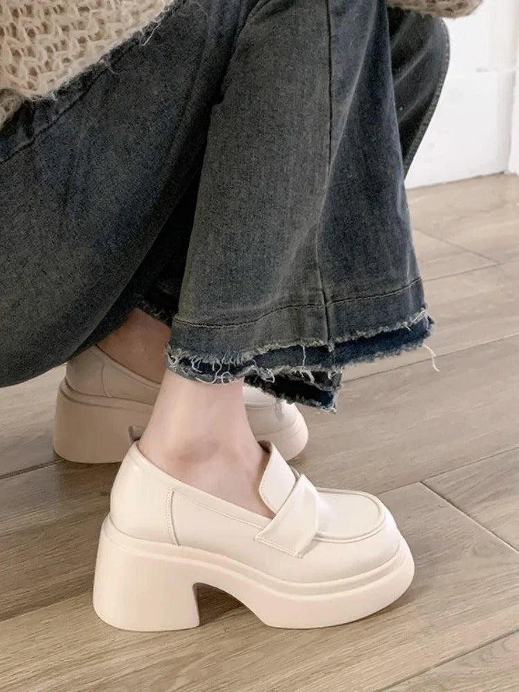 Women Leather Shoes 2026 Spring British Thick Platform Loafers Women's Versatile Chunky Heel Mary Janes Casual Shoes