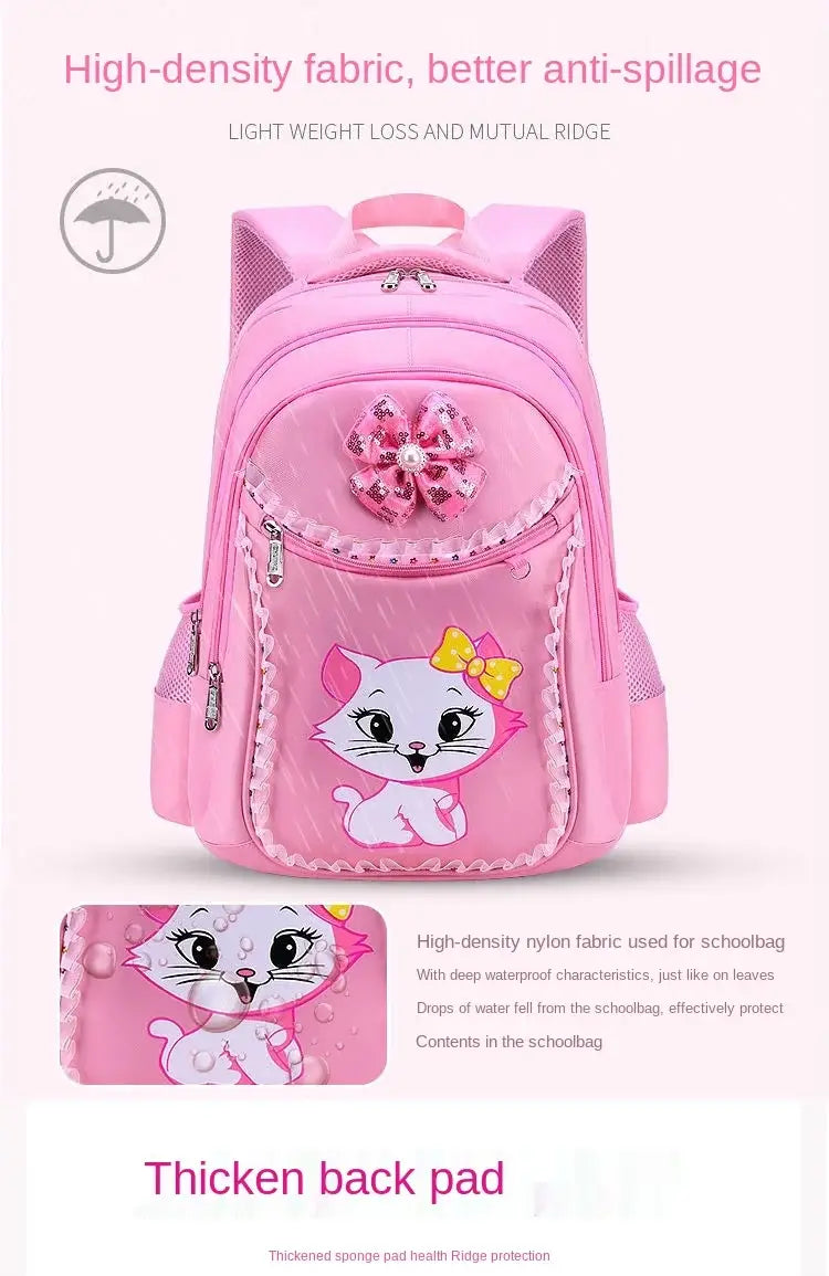Rosa Katzen-Schulrucksack-Set für Mädchen mit einem rosa Kinderrucksack mit einem Cartoon-Katzendesign, dekorativer Schleife am Vorderfach und Mesh-Seitentaschen.