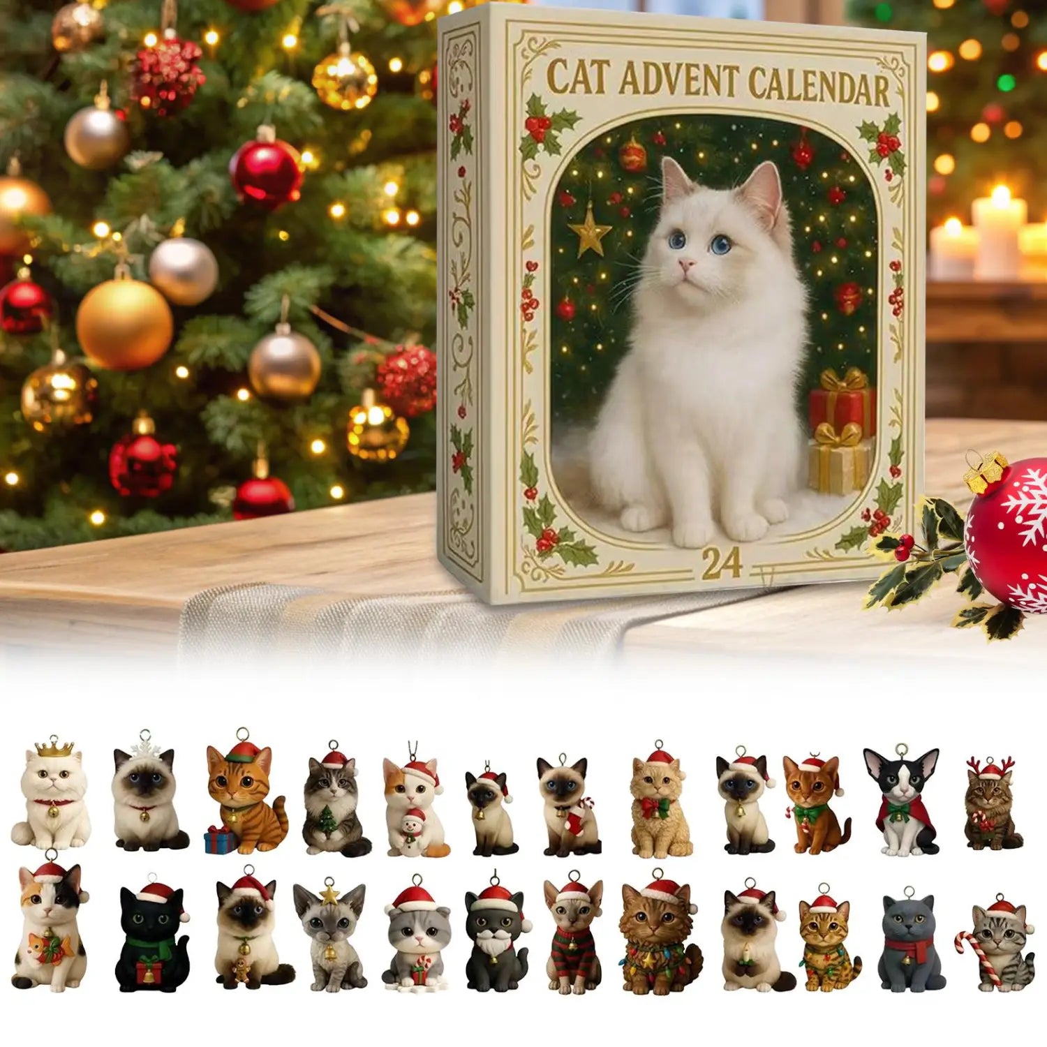 decoración del árbol de gatos de cuenta atrás de Navidad acrílico de color crema, con un gatito blanco esponjoso de ojos azules y decoraciones festivas navideñas.