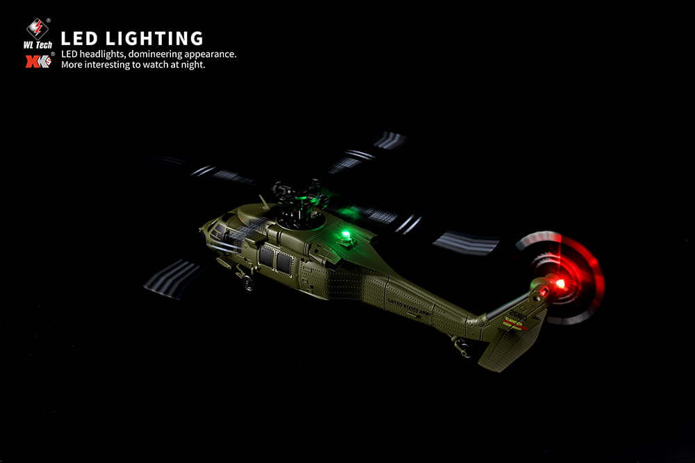 Olive green military-style remote control helicopter wltoys k170 uh-60l with glowing red and green led lights featuring an 800mah 20c battery for extended flight time.