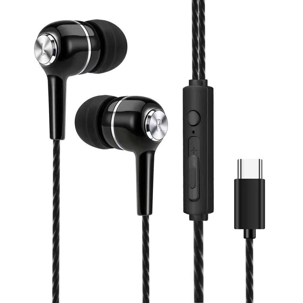 écouteurs intra-auriculaires filaires pour téléphone mobile noirs, avec anneaux d’accent argentés et connecteur usb-c, intégrant un microphone pour un audio filaire.