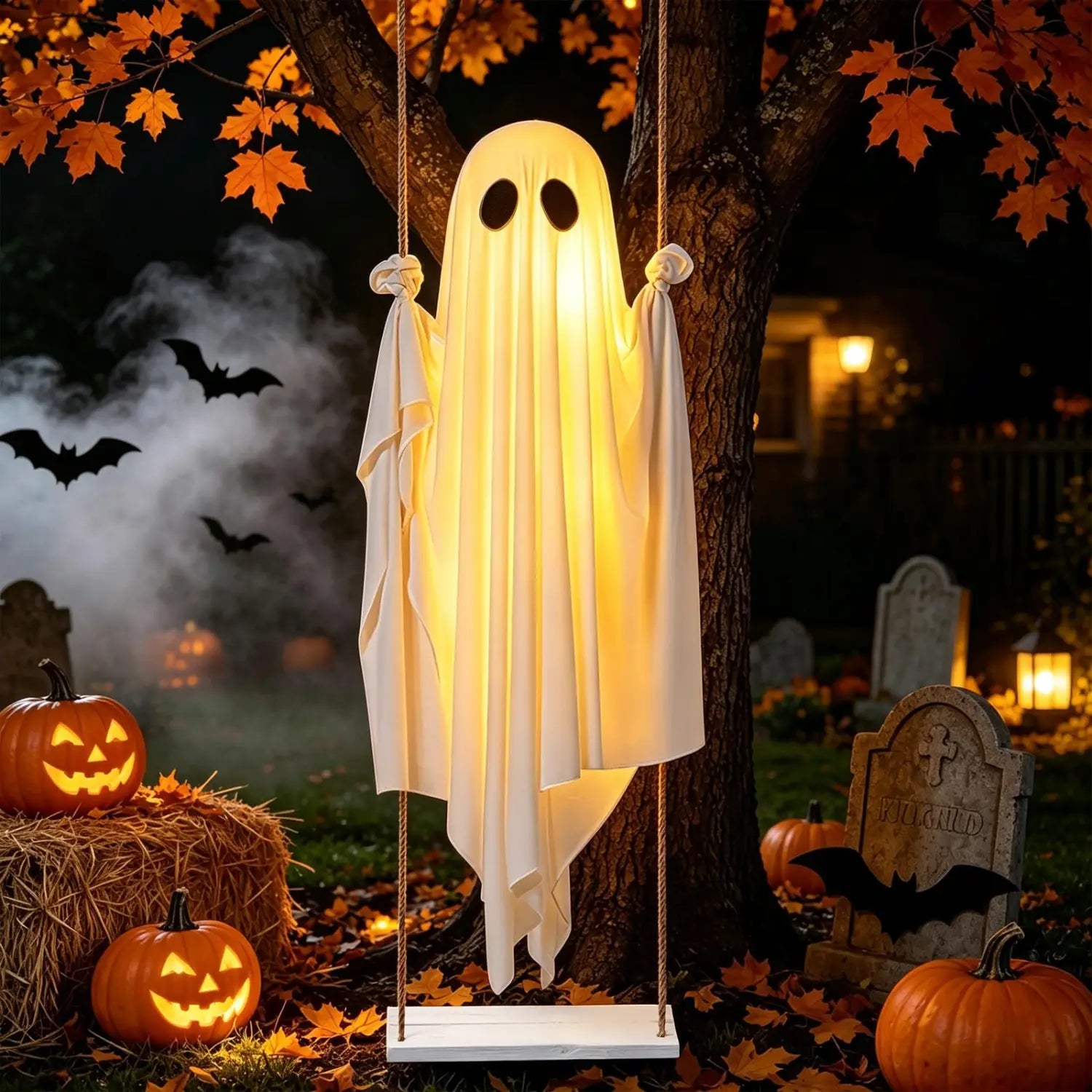 decoración de fantasma colgante oscilante iluminada hecha de tela blanca ligera con recortes negros para los ojos, colgada de un árbol en un columpio para uso exterior en Halloween