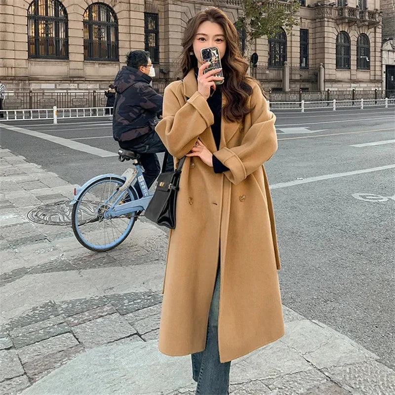 100% Wool Coat Women's Wear 2026 Autumn/Winter Fashion Temperament Double sided Cashmere Coats with Belt Elegant Long Overcoat