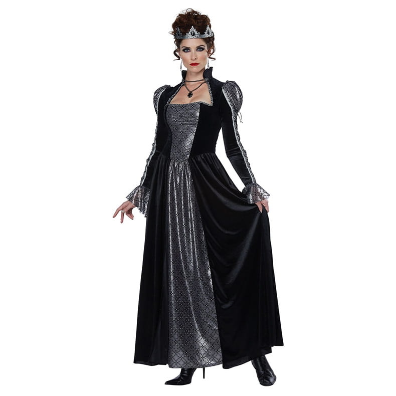 Black and silver velvet gothic vampire queen costume gown with intricate lace detailing on sleeves bodice and skirt