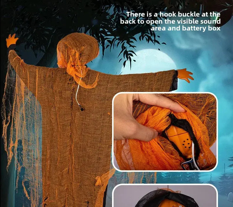 calabaza de tela espantapájaros naranja colgante, decoración de Halloween, que muestra el reverso con una hebilla de gancho para acceder fácilmente a las pilas y ojos LED