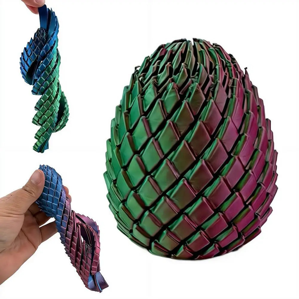 A colorful iridescent articulated dragon egg fidget toy with a segmented textured surface made of flexible plastic shown from the front.