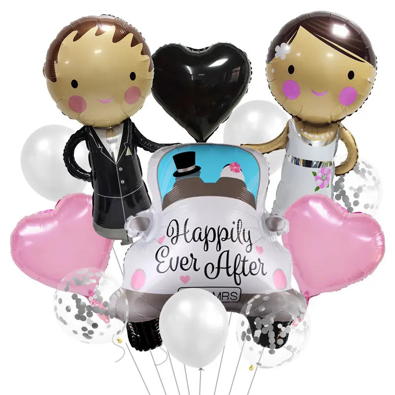 A shiny metallic wedding car balloon package couple decor featuring cartoon bride and groom figures with pink cheeks, a black heart-shaped balloon, and a central car balloon printed with happily ever after text.