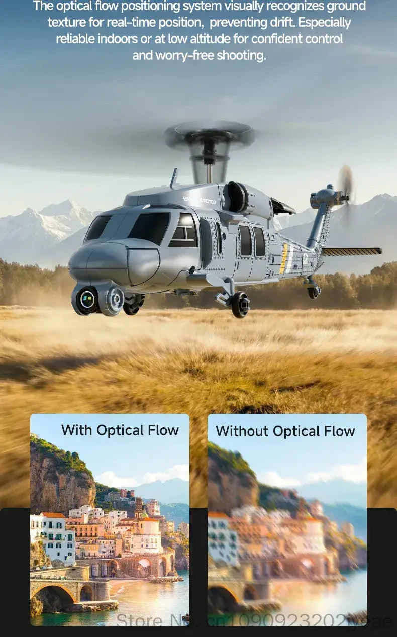 Gray remote control helicopter drone with sleek military-inspired design and visible 8k camera equipment
