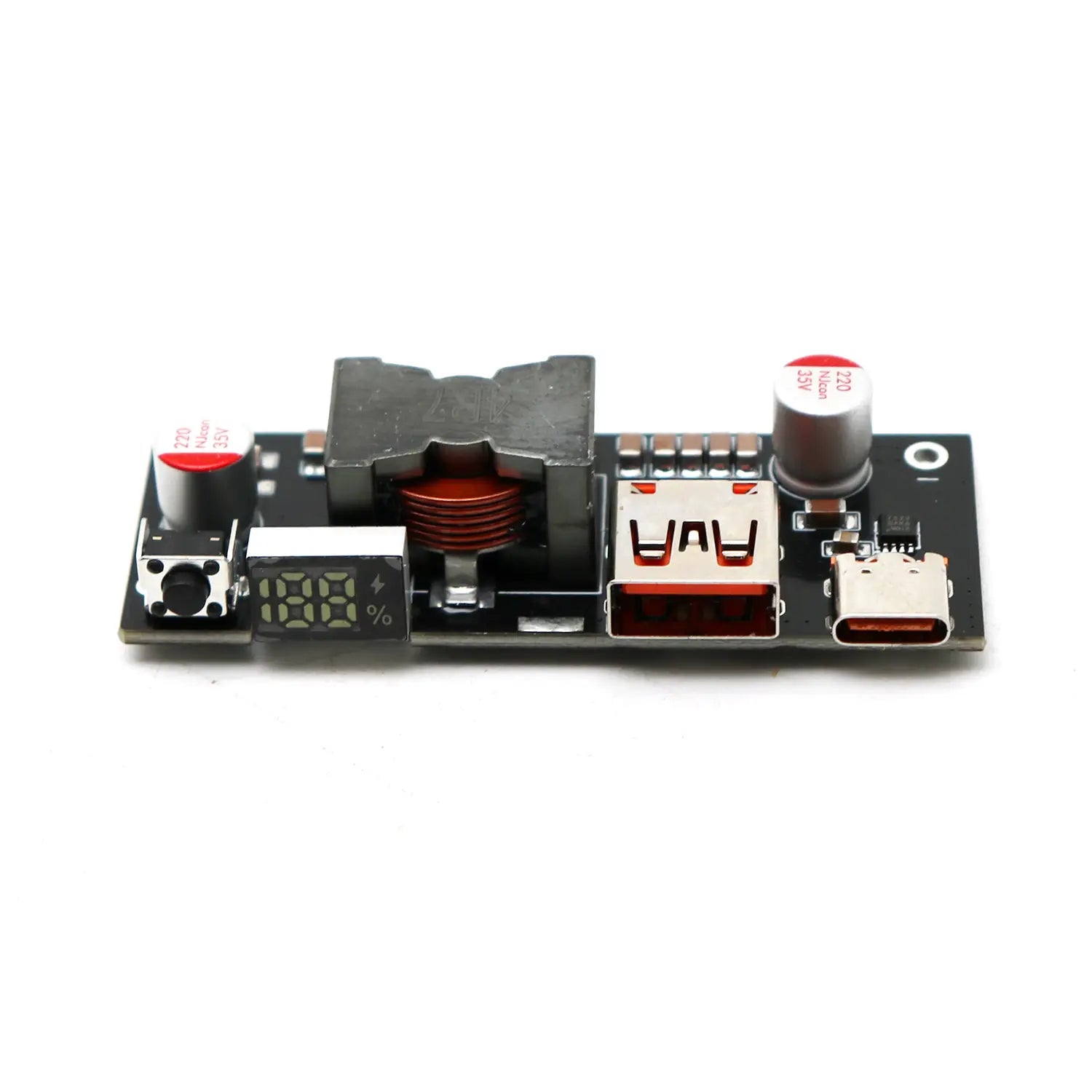 Black circuit board power bank module titled 100w PD3.1 fast charger featuring USB-A and USB-C ports, digital battery percentage display, red-coated capacitors, and a black transformer.