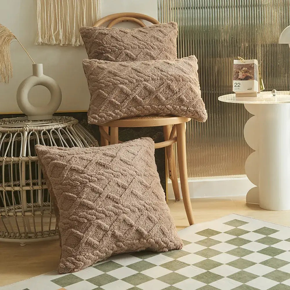Beiger strukturierter Kissenbezug 45x45 cm mit Diamant-strickendem Muster für dekorative, einfarbige quadratische Throw-Kissen.