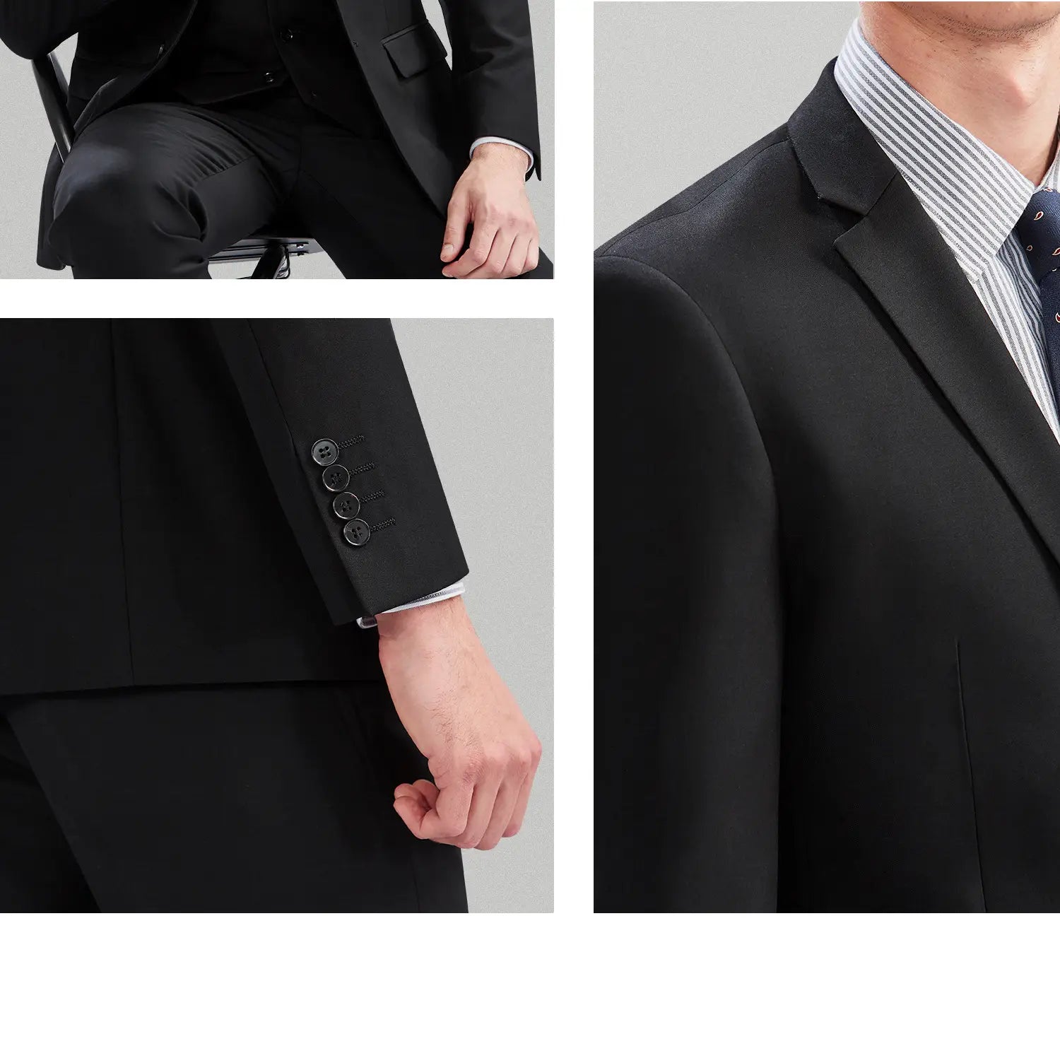 Veste de costume noire parfaitement taillée pour homme en coupe slim, avec design formel élégant et type de fermeture au poignet à trois boutons assortis, pour une tenue professionnelle décontractée.