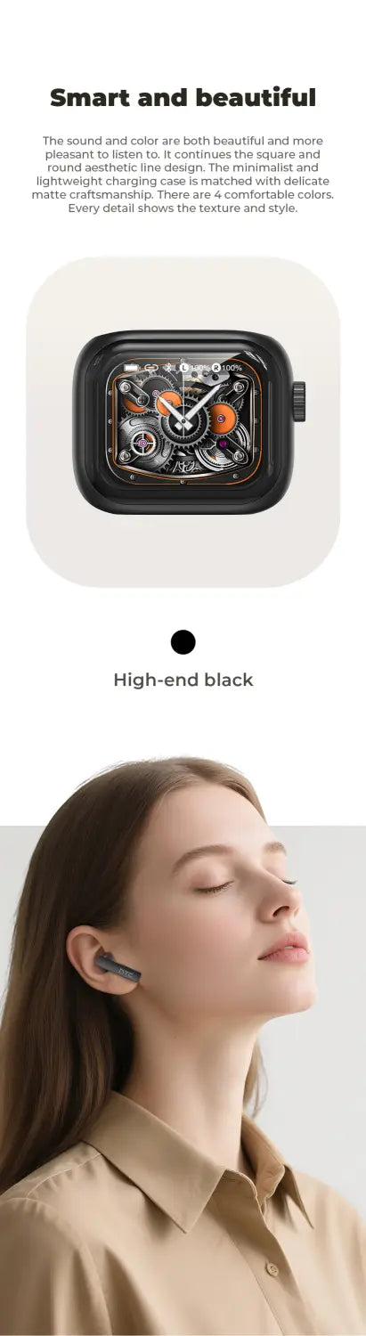 Écouteurs sans fil HTC NE40 noirs avec un design minimaliste élégant et un motif coloré complexe sur le boîtier externe, présentés avec un étui de charge intelligent.