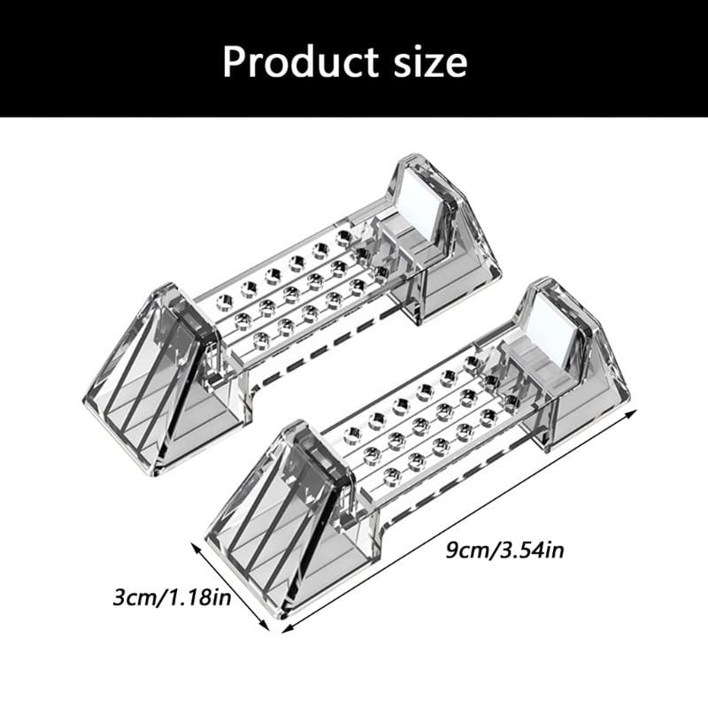 console dock stand abs gaming support bracket featuring clear plastic car wheel chocks with a triangular base and multiple circular indentations for securing wheels