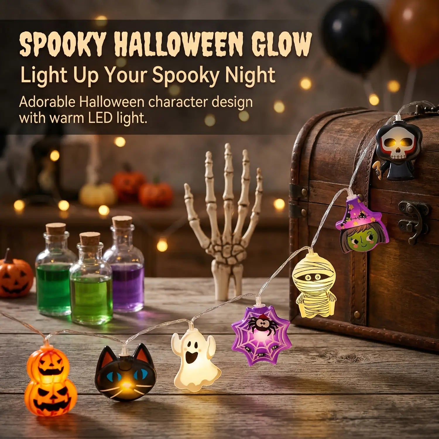 Spooky Halloween LED string lights featuring adorable pumpkin and ghost designs with warm LED light for festive decor.