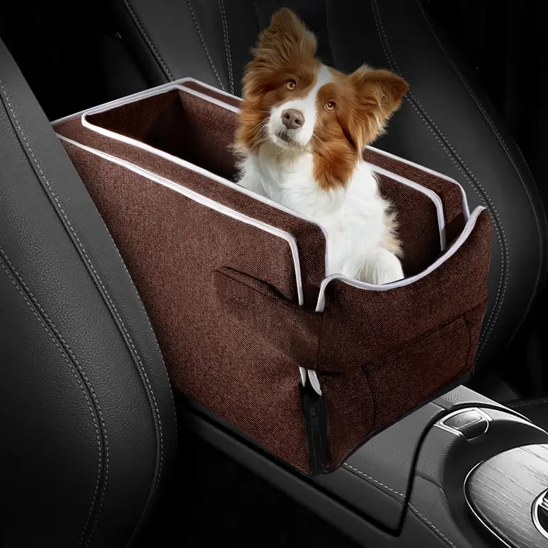 Brown textured fabric pet car console seat with white stitched trim designed for small pets up to 5kg weight limit.
