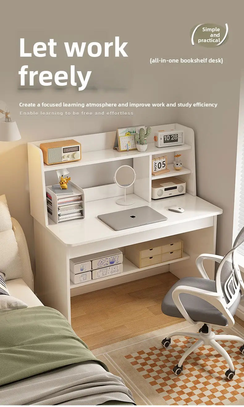 white all-in-one bookshelf desk made of wood with integrated shelves and drawers designed as a modern student computer desk