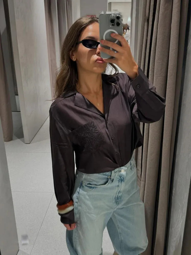 HH Woman Fashion Chic Single-Breasted Embroidery Decorate Slim Translucent Blouses Women Lapel Long Sleeves Loose Shirts